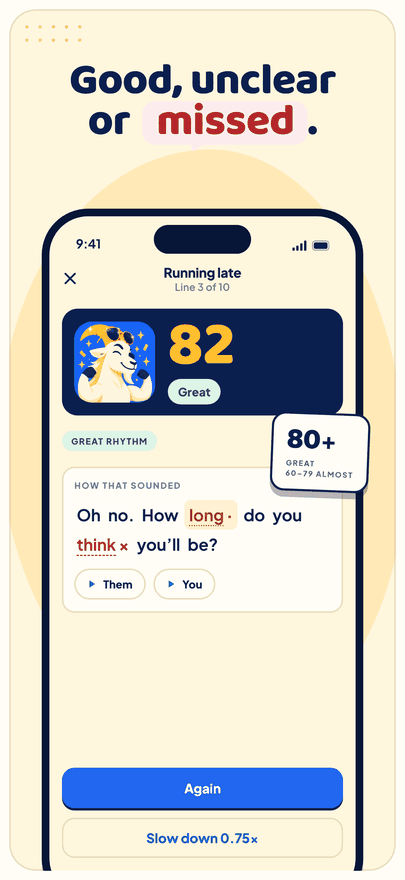 The SpeakGOAT score screen: each word marked good, unclear or missed.